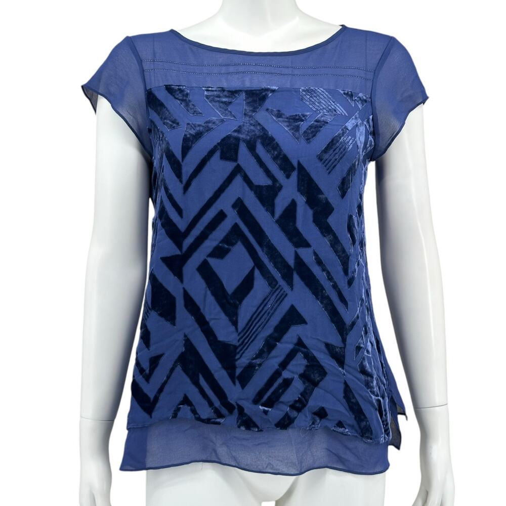 White House Black Market Top Womens 6 Blue Velvet Sheer Fairy Grunge Office Work
